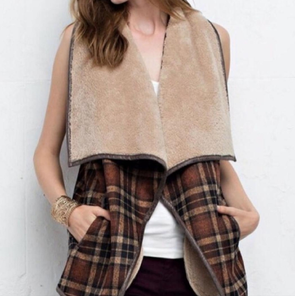 Jodifl sz small sherpa wool blend brown rust plaid fall vest